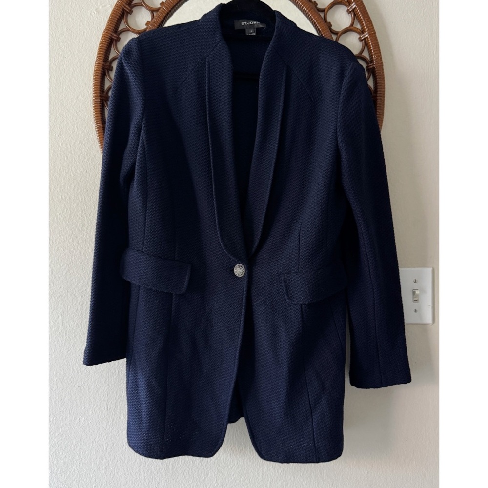 St. John navy blue cardigan blazer one button closure